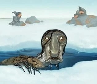 Đôi khi, Qalupalik sẽ dùng ngón tay gõ nhẹ vào mặt băng để thu hút sự tò mò, hiếu kỳ của những đứa trẻ gần đó.