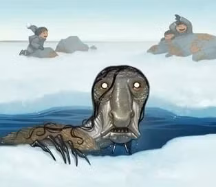 Đôi khi, Qalupalik sẽ dùng ngón tay gõ nhẹ vào mặt băng để thu hút sự tò mò, hiếu kỳ của những đứa trẻ gần đó.