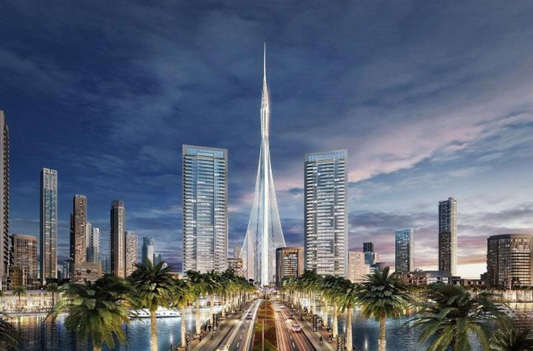 Dubai Creek Tower sẽ gồm khu chung cư xa xỉ, trung tâm thương mại và văn phòng với vốn đầu tư ước tính 1 tỷ USD. Công trình dự kiến hoàn thành vào năm 2020 chuẩn bị cho sự kiện Dubai Expo 2020 do Dubai đăng cai tổ chức. Ảnh: Equity.
