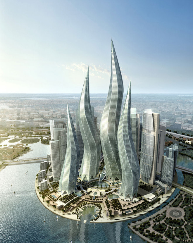 Dubai Towers là cụm công trình gồm 4 tòa tháp tạo hình ngọn đuốc tọa lạc tại quận Lagoons, Dubai. Mỗi tòa tháp có từ 57 đến 94 tầng, trong đó, tầng cao nhất của tổ hợp công trình này cách mặt đất tới gần nửa km. Ảnh: CNN.