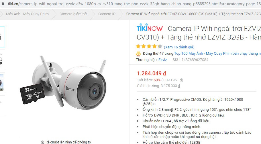 Giá từ 1-2 triệu đồng bao gồm các loại camera IP Wifi ngoài trời với khả năng phát hiện chuyển động thông minh, tích hợp đèn chớp, còi báo động trên camera, lập tức cảnh báo khi có xâm nhập hoặc khi người sử dụng bật. Ảnh chụp màn hình.