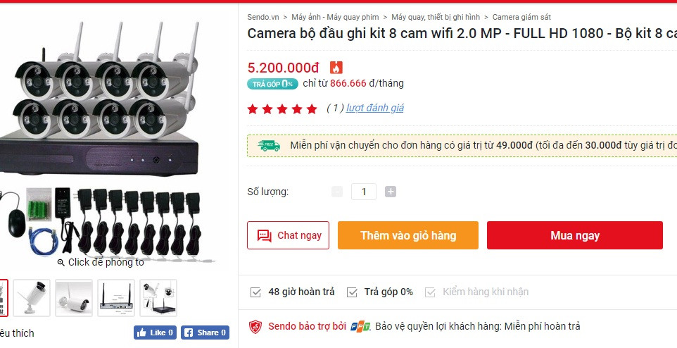 Trên Sendo.vn, camera bộ đầu ghi kit 8 cam wifi có giá hơn 5 triệu đồng. Loại camera này thích hợp lắp cả trong nhà và ngoài trời, ứng dụng quan sát tại các biệt thự, hộ gia đình, tính thẩm mỹ cao. Ảnh chụp màn hình.