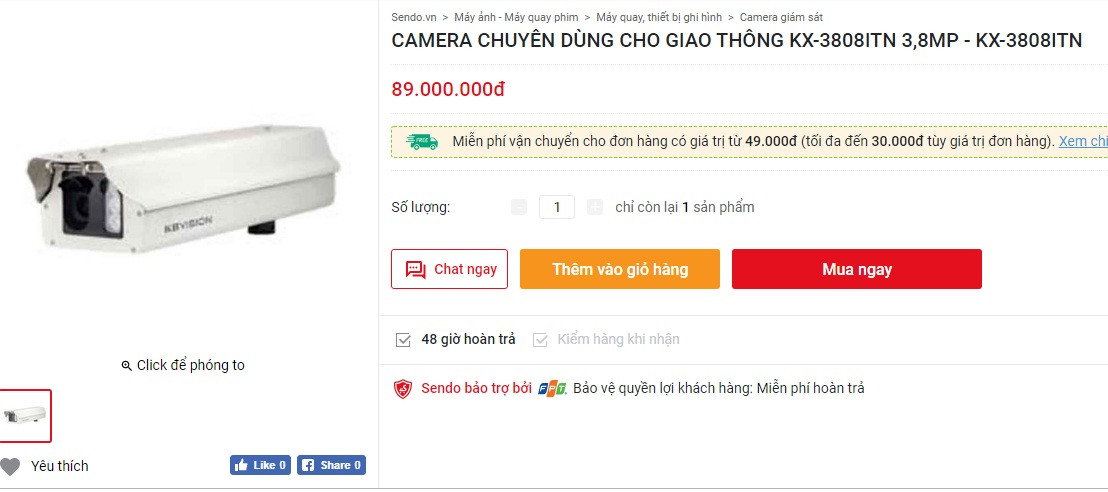 Đáng chú ý, loại camera chuyên dùng cho giao thông có giá tới 89 triệu đồng. Loại này có cảm biến hình ảnh CCD giúp tăng hiệu suất làm việc, quan sát tốt với hình ảnh bị chói sáng do đèn xe. Ảnh chụp màn hình.