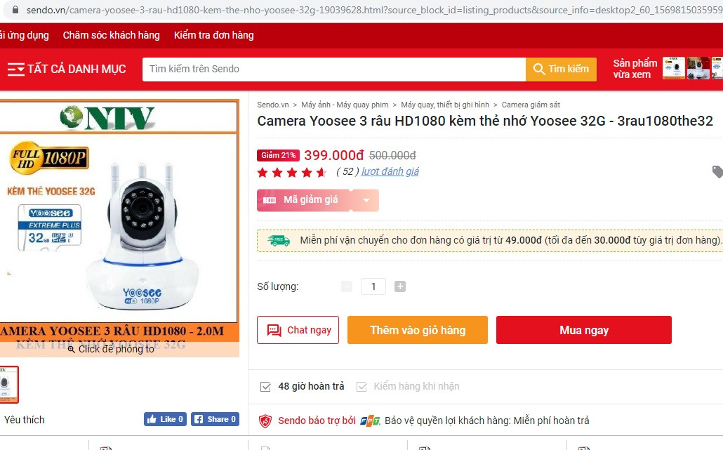 Theo khảo sát trên Sendo.vn, các loại camera giá rẻ này phần lớn là Camera Yoosee 3 râu HD1080, có chức năng chống trộm, phát hiện chuyển động sẽ gửi thông báo về điện thoại. Ảnh chụp màn hình.
