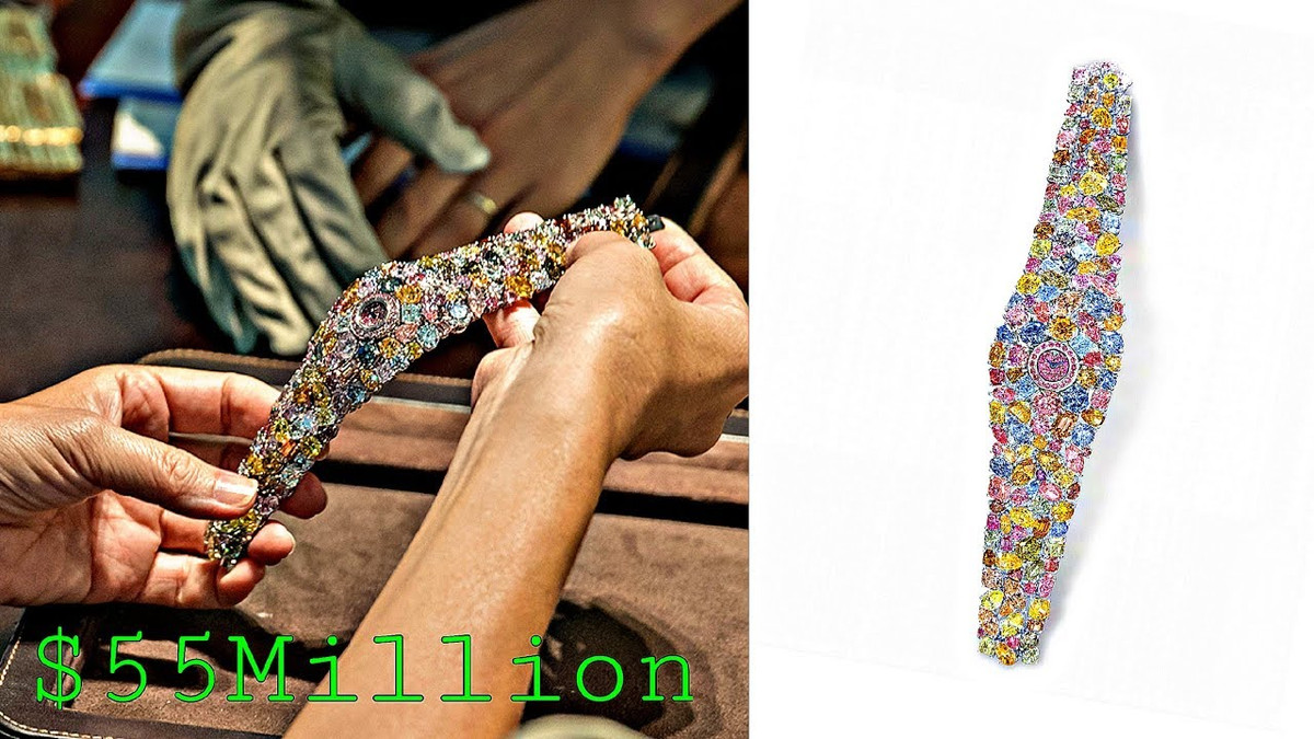 Kim cương đính trên chiếc đồng hồ nữ độc đáo này đều có chất lượng cao và đủ các loại màu như đỏ, hồng, tím, vàng, xanh dương và xanh ô liu.