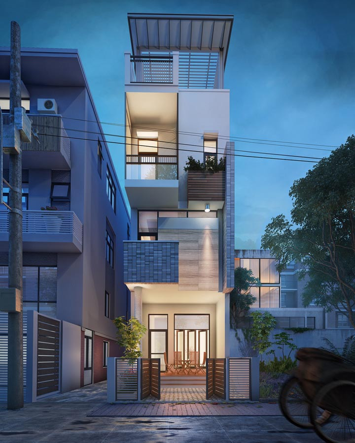 Ngoài màu trắng, kiến trúc sư lựa chọn một số loại gạch chỉ ốp tường màu ghi xám hay vàng nhạt để tạo điểm nhấn cho nhà ống. Ảnh: Arcviet.