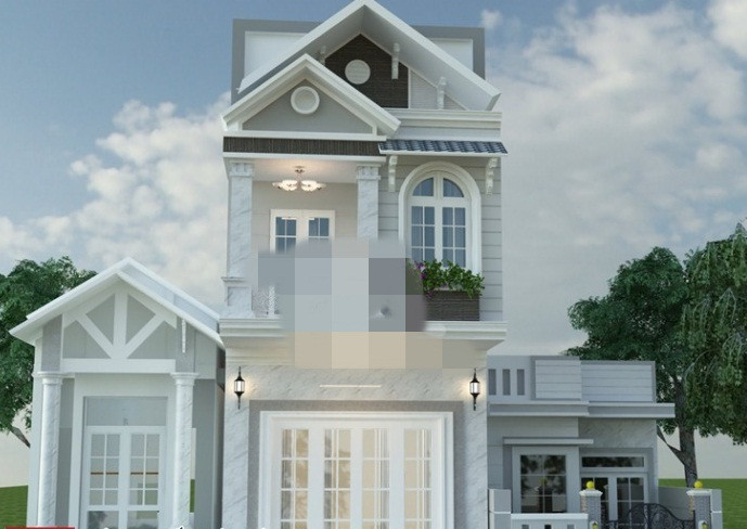 Nhà phố 2 tầng tân cổ điển sử dụng màu trắng xám chủ đạo, cột sơn giả đá sang trọng. Ảnh: Doananhquoc.