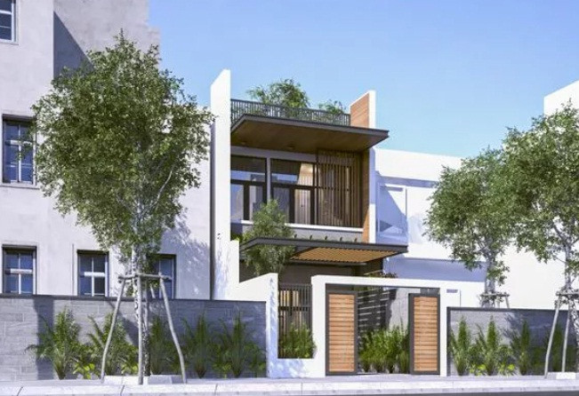 Thiết kế nhà 2 tầng có chi phí xây tầm 700 triệu, phù hợp cho mảnh đất phố mặt tiền ngang 5m dài hơn 20m trong đó giải pháp chừa sân trước để xe. Ảnh: Thietkenhadepmoi.