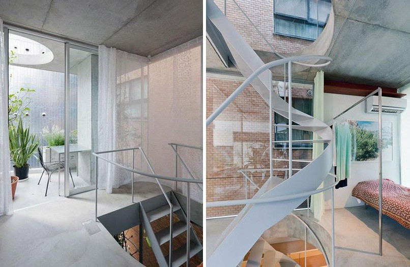 Cầu thang thép thiết kế dạng xoắn giúp tiết kiệm không gian.