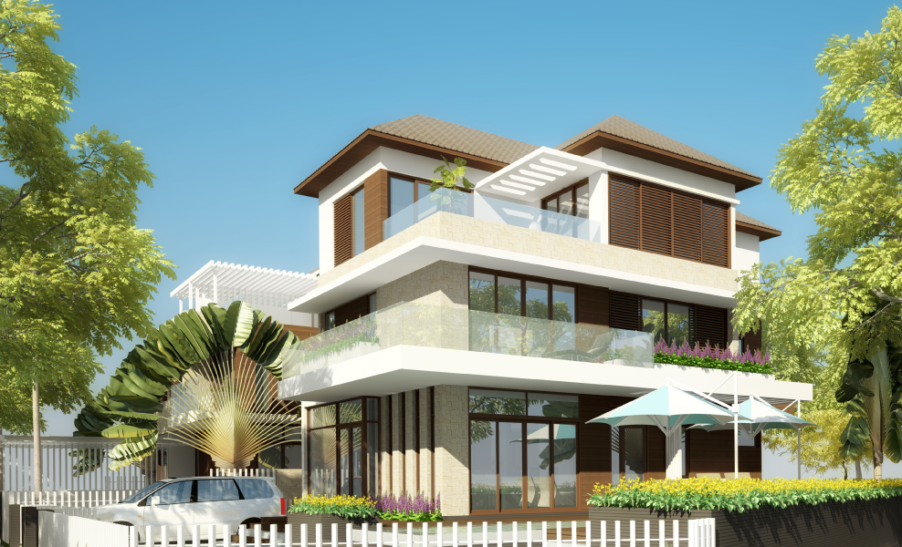 Biệt thự đơn lập có hồ bơi và sân vườn rộng rãi. Ảnh: Sacomreal.