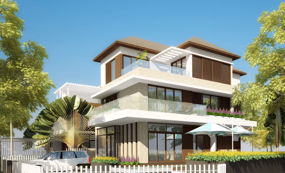 Biệt thự đơn lập có hồ bơi và sân vườn rộng rãi. Ảnh: Sacomreal.