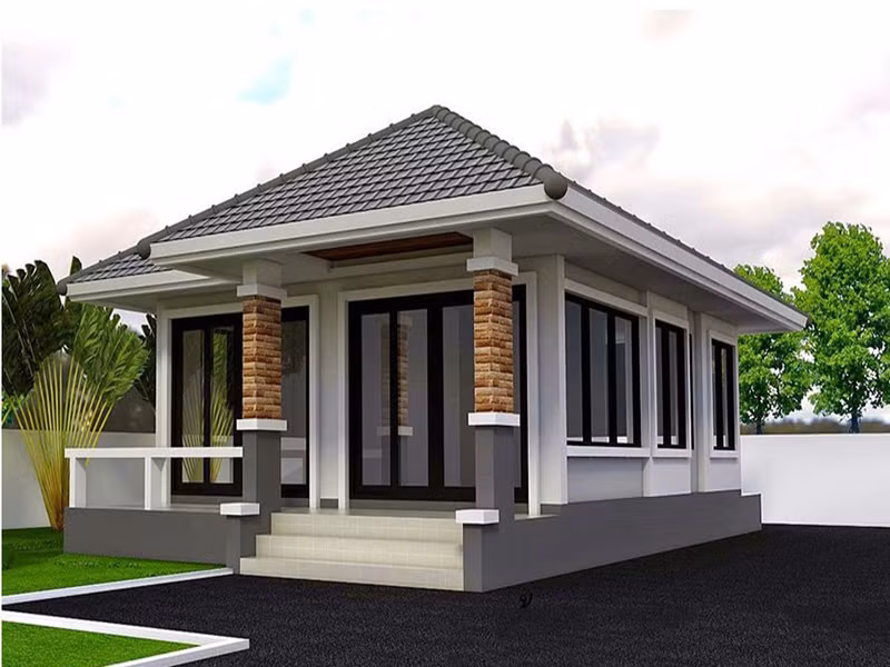 Hình khối vuông vức từ mái nhà cho đến các cột, bậc thềm mang đến vẻ đẹp khỏe khoắn cho căn nhà. Ảnh: Angcovat.