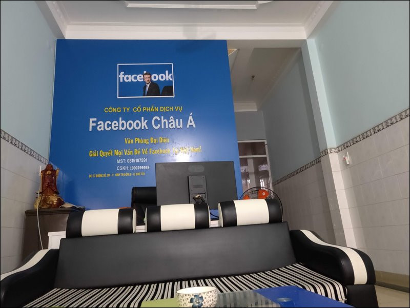 Văn phòng công ty đặt tại quận Bình Tân, TP HCM, biển hiệu có cả hình ảnh CEO Mark Zuckerberg. Ảnh: Ictnews.