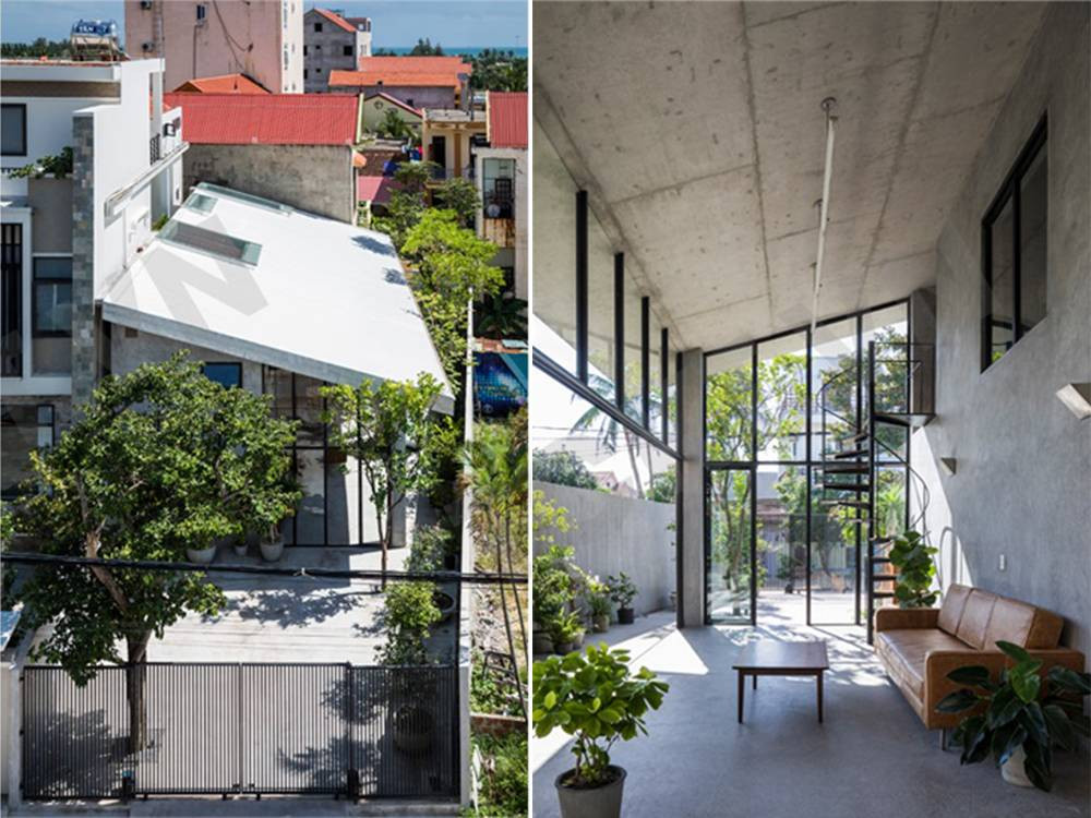 Mái nhà đổ bê tông có độ dốc lớn.