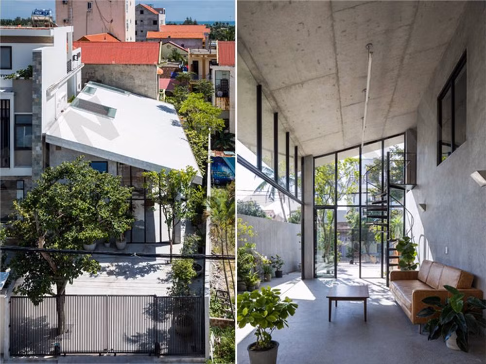 Mái nhà đổ bê tông có độ dốc lớn.