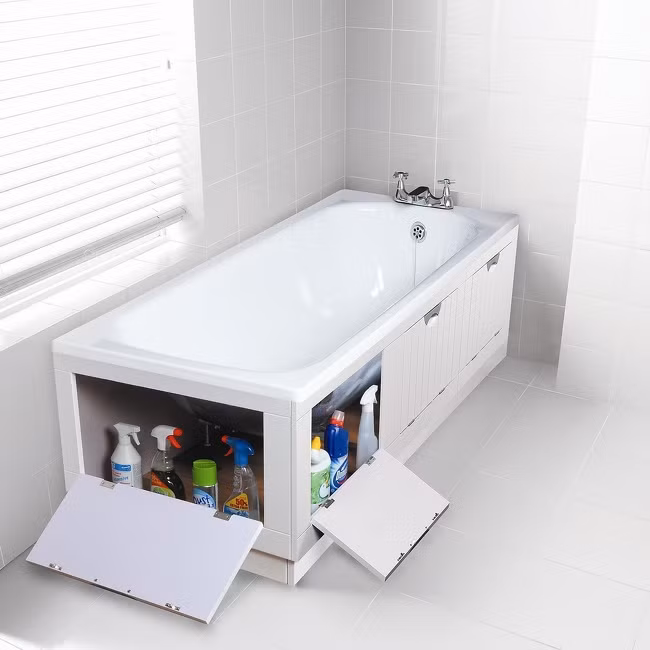 Không cẩn phải mua thêm ngăn kéo, bạn hoàn toàn có thể tận dụng không gian dưới bồn tắm.