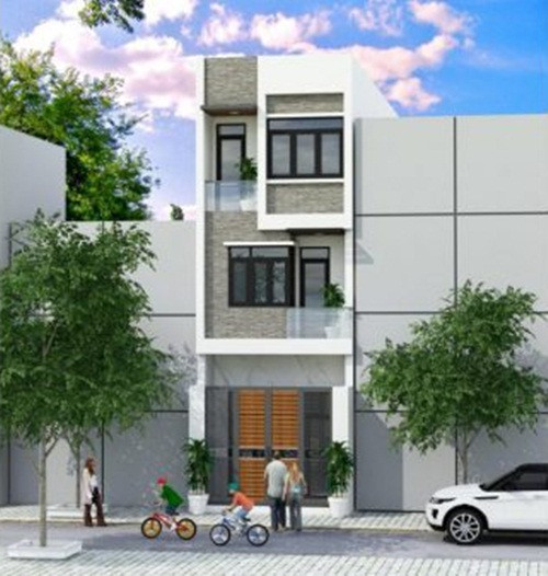  Mẫu nhà ống 3 tầng 4x14m đơn giản với những khối bê tông được đổ đua rộng để tận dụng không gian sinh hoạt và tạo sự cân đối trong tổng thể hình khối chung. Ảnh: Wedo.