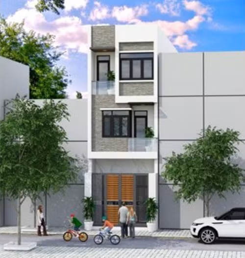  Mẫu nhà ống 3 tầng 4x14m đơn giản với những khối bê tông được đổ đua rộng để tận dụng không gian sinh hoạt và tạo sự cân đối trong tổng thể hình khối chung. Ảnh: Wedo.