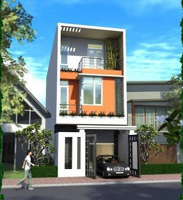 Mẫu nhà phố 4x14m 2 tầng 1 tum có gara ô tô với chi phí khoảng 950 triệu đồng. Ảnh: Thietkenhadepmoi.