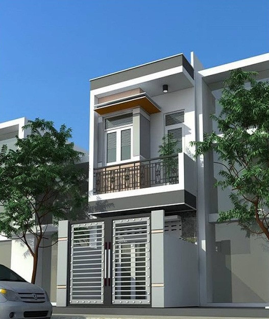 Nhà ống 2 tầng đơn giản 3 phòng ngủ với gam màu xám nhẹ nhàng. Ảnh: Xaydungthanhnien.