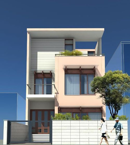 Điểm nhấn của ngôi nhà 2 tầng là sự phân chia và thiết kế so le giữa lan can và những khối vuông tạo hình ngoài mặt tiền. Ảnh: Kientructrangkim.