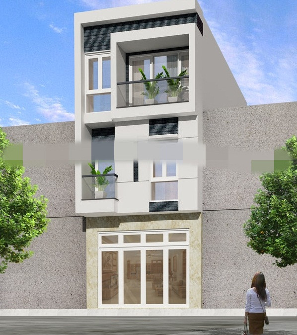 Mặt tiền ngôi nhà nổi bật với các mảng tường trang trí tạo điểm nhấn màu trắng kem. Tầng 2 thiết kế các ban công rộng để bồn hoa và trồng các loại cây nhỏ. Ảnh: Kientrucla.