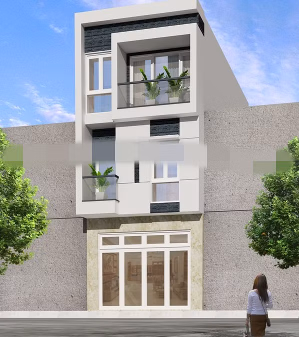 Mặt tiền ngôi nhà nổi bật với các mảng tường trang trí tạo điểm nhấn màu trắng kem. Tầng 2 thiết kế các ban công rộng để bồn hoa và trồng các loại cây nhỏ. Ảnh: Kientrucla.