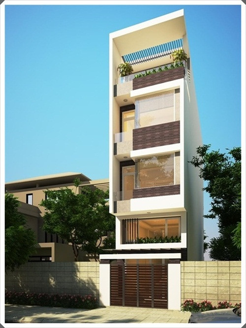 Nhà phố 4 tầng chừa 2m làm sân và bãi đậu xe phía sau 1m làm giếng trời đón gió mát. Ảnh: Xuongnoithat.