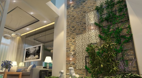 Khoảng trống giữa tầng trệt và tẩng lửng là không gian lý tưởng để thiết kế một tiểu cảnh sân vườn đẹp mắt.