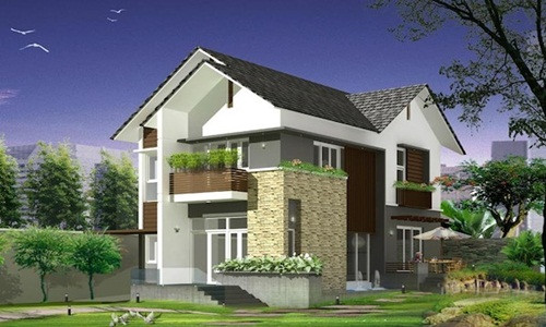  Biệt thự mái thái sở hữu đường nét khỏe khoắn cùng nhiều cây xanh bao quanh. Ảnh: Thietkethicongnhadep.