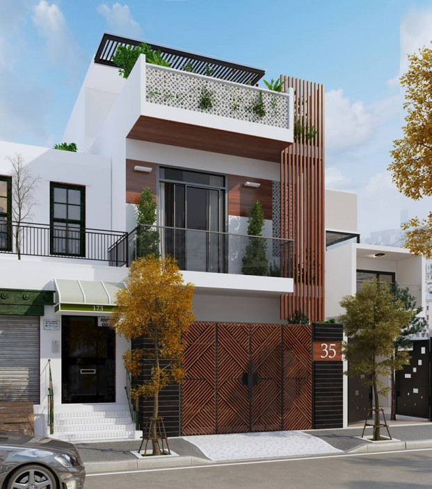 Nhà 2 tầng với màu sắc trẻ trung, thiết kế 3 phòng ngủ, có sân thượng để trồng cây cảnh. Ảnh: Giadinhmoi.