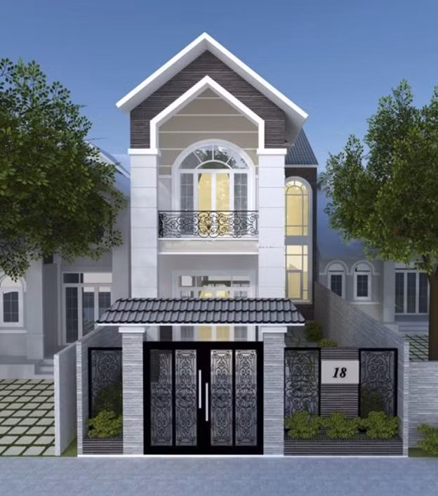  Nhà ống 2 tầng có gác lửng được thiết kế hiện đại với tông trắng xám chủ đạo. Ảnh: Thietkenoithat.