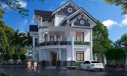 Ngôi nhà mái thái xây trên diện tích 10x12m, có tầng lửng thiết kến sân chơi, sân phơi, phòng thờ và sảnh tầng. Ảnh: Angcovat.