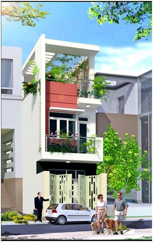 Nhà 2 tầng có gác lửng sử dụng các tạo khối bê tông chắc chắn mang đến nét đẹp nhẹ nhàng, duyên dáng. Ảnh: Wedo.