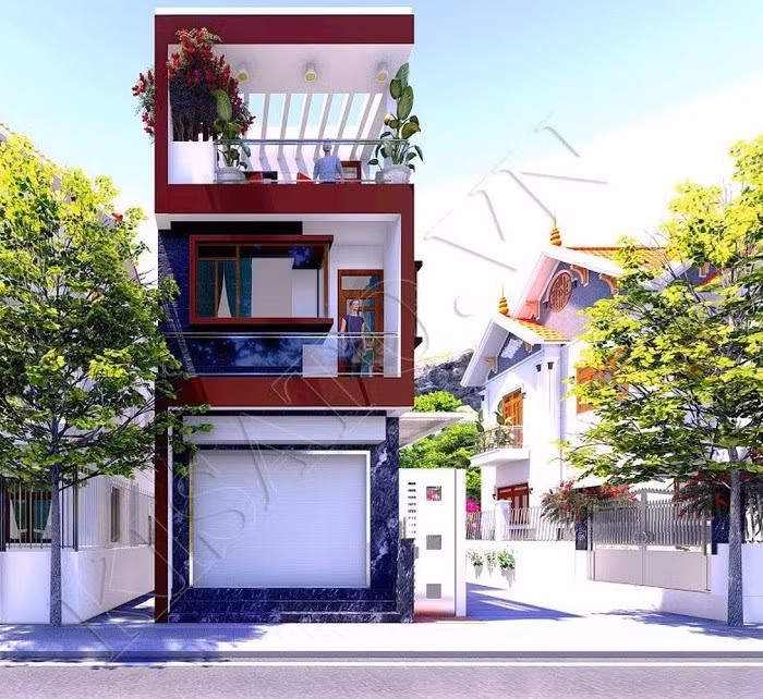 Nhà 2 tầng nổi bật với cách phối màu sơn độc đáo. Ảnh: Kisato.