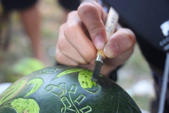 “Đầu tiên, phải tập vẽ phác họa sau đó cắt tỉa bằng dao. Đây là công đoạn khó nhất, đòi hỏi người thợ phải có tính sự tỉ mỉ và kỹ lưỡng, vì dưa hấu vỏ giòn, mềm chỉ cần sơ sảy một chút sẽ hỏng hết cả tác phẩm và trái dưa hấu đó coi như vứt bỏ đi”, anh Nam cho hay.