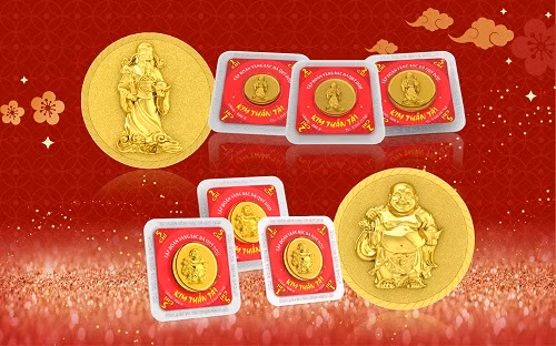 Đồng vàng 999.9 Thần Tài Đại Phất, Thần Tài Thịnh Vượng thiết kế đẹp mắt mang ý nghĩa phong thủy được nhiều người quan tâm. Ảnh: Doji.