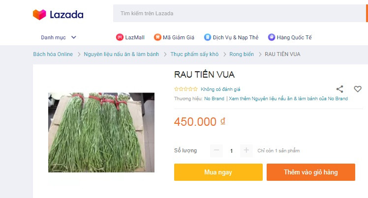 Rau tiến vua khô được rao bán với giá từ 300.000 - 450.000 đồng/kg. Ảnh chụp màn hình.
