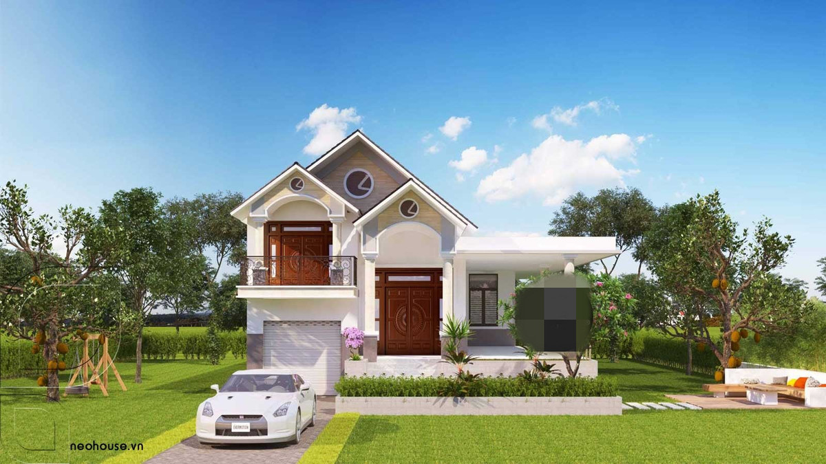  Biệt thự 1 tầng có gác lửng được thiết kế với các khối tường vuông vắn, các chi tiết gờ lạ mắt. Ảnh: Neohouse.