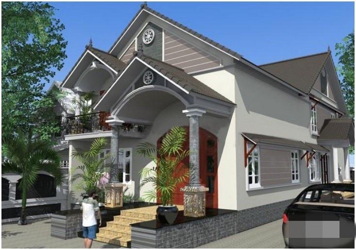 Biệt thự mái thái có tầng lửng là không gian của phòng karaoke, phòng sinh hoạt chung, phòng thờ có ban công và 1 phòng ngủ. Ảnh: Wedo.