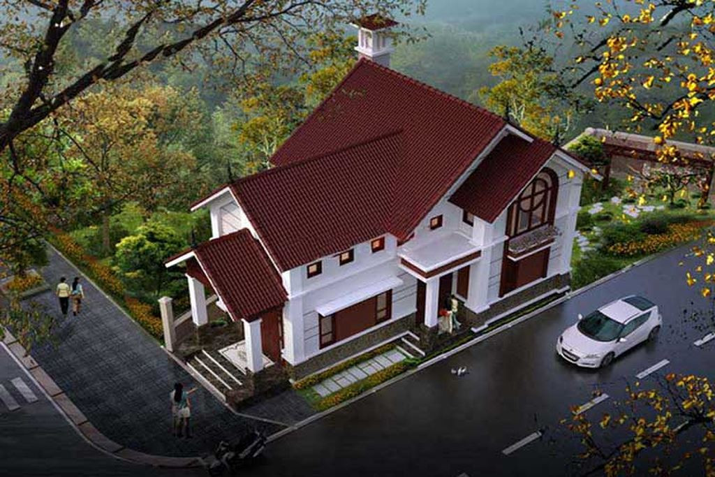 Mái ngói đỏ thẫm nổi bật trên gam màu trắng tinh tế làm tăng vẻ đẹp sang trọng cho ngôi nhà. Ảnh: Arcviet.