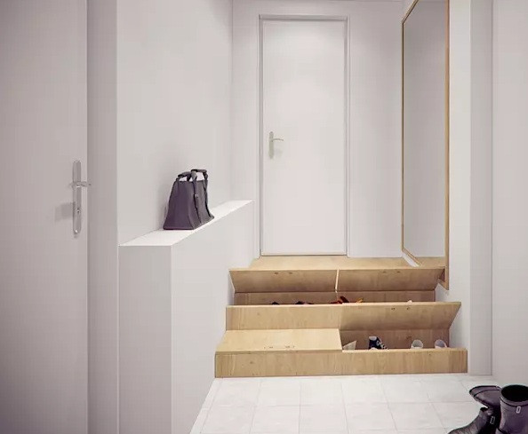 Các bậc thang được thiết kế vô cùng sáng tạo, trở thành những ngăn chứa giày dép. Ảnh: Homify.