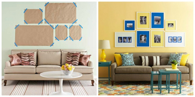 Nếu không muốn đóng đinh vào tường, bạn có thể treo tranh ảnh chỉ bằng giấy và băng dính thông thường.