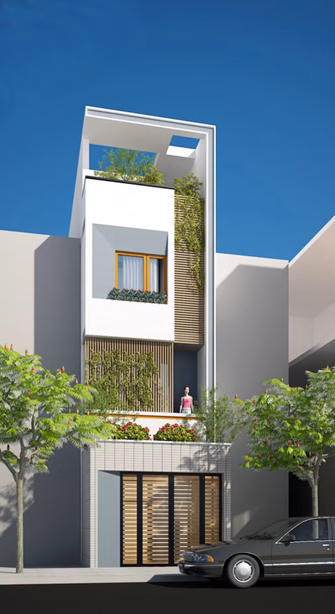 Thanh lam gỗ ở mang đến vẻ đẹp khỏe khoắn, thoáng mát cho không gian nhà 4 tầng. Ảnh: Ytuongnhadep.