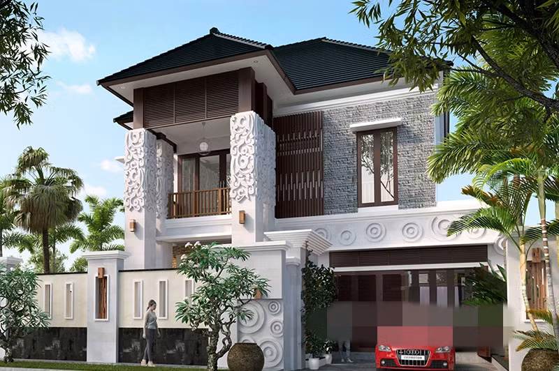 Căn biệt thự có sự đan xen giữa phong cách châu Âu và nét đẹp Á Đông, thể hiện qua dáng mái chéo vân sọc. Ảnh: Thietkenhadepaau.