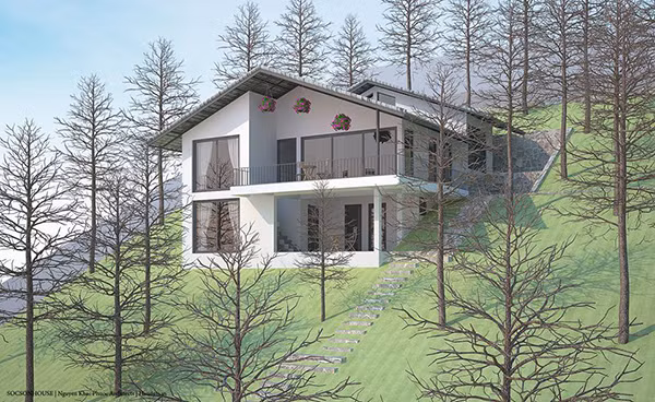 Nằm giữa rừng thông rộng lớn, biệt thự ấn tượng với thiết kế mái chồng mái. Ảnh: Handymandecor.