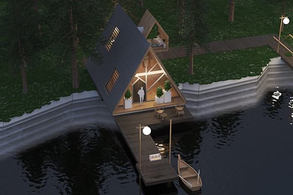 Thiết kế hình tam giác, biệt thự giống một cabin nhỏ gọn nằm bên trên mặt hồ. Ảnh: Homedit.