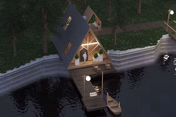 Thiết kế hình tam giác, biệt thự giống một cabin nhỏ gọn nằm bên trên mặt hồ. Ảnh: Homedit.