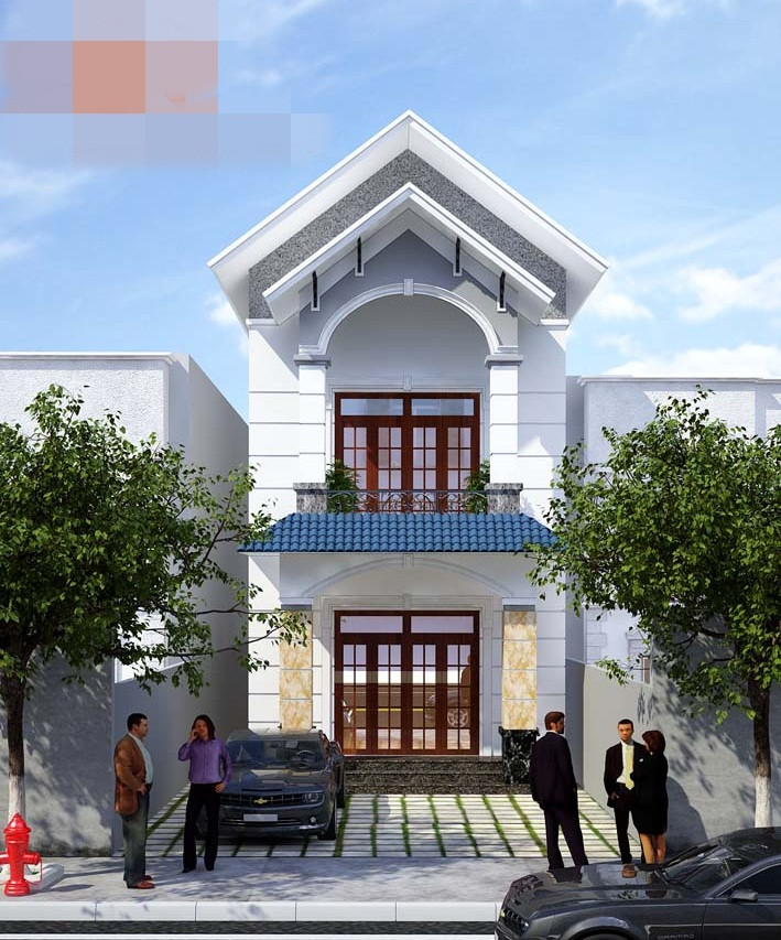 Nhà ống mang màu trắng chủ đạo với mái ngói màu xanh, phía trên nhấn nhá chút phào chỉ để tô điểm thêm cho kiến trúc ngoại thất. Ảnh: Kientrucgianguyen.