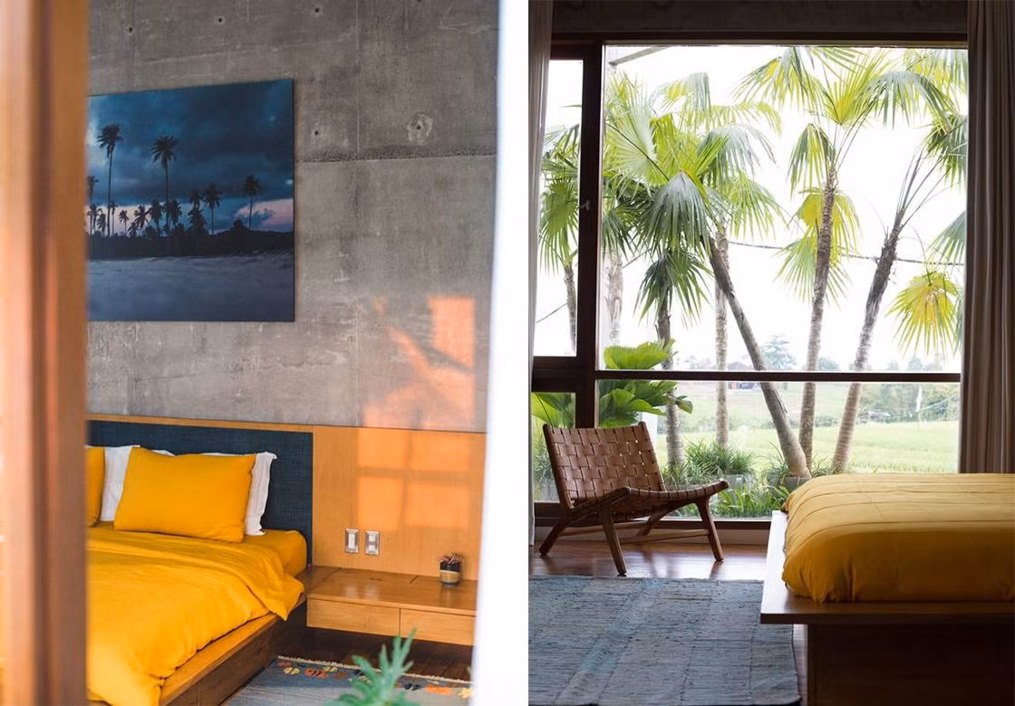 Phòng ngủ có tầm nhìn ra khu vườn xanh mướt. Nguồn: Dezeen.